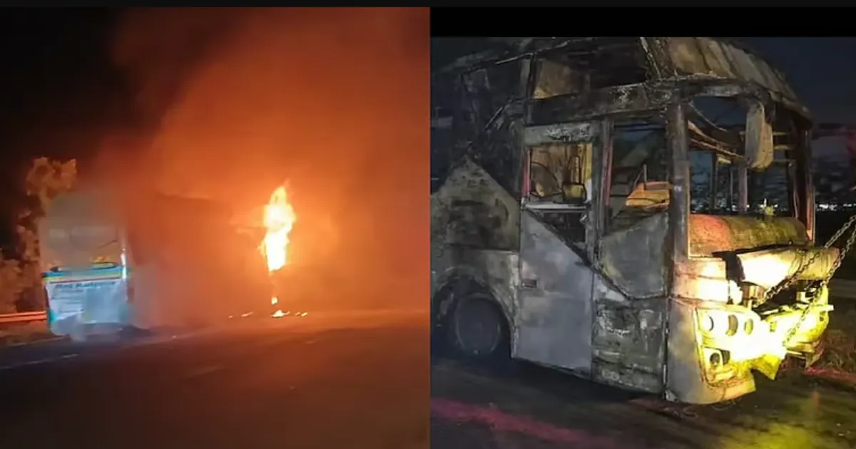 திடீரென தீப்பிடித்த சுற்றுலா பேருந்து... ஜன்னல் வழியாக எகிறி குதித்த பயணிகள்... 9 பேர் உடல் கருகி பலி...!