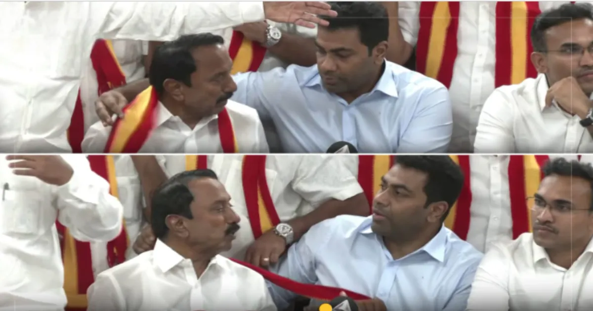 வைரல் வீடியோ....!! அசிங்கப்பட்ட ஆதவ் அர்ஜுனா..!  - பிரஸ் மீட்டில் தவெக துண்டை அணிய மறுத்த செங்கோட்டையன்...!