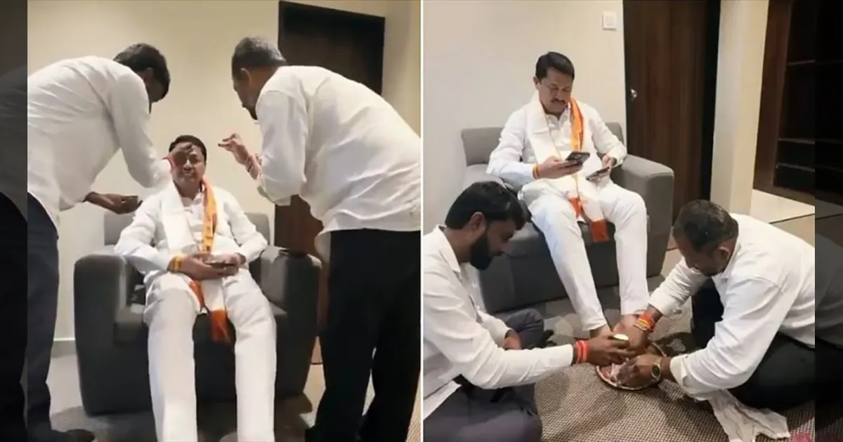 காங்கிரஸ் மூத்த தலைவர் நானா படோல் பாதம் கழுவிய தொண்டர்கள்! வைரல் வீடியோவால் வெடித்த அரசியல் சர்ச்சை!