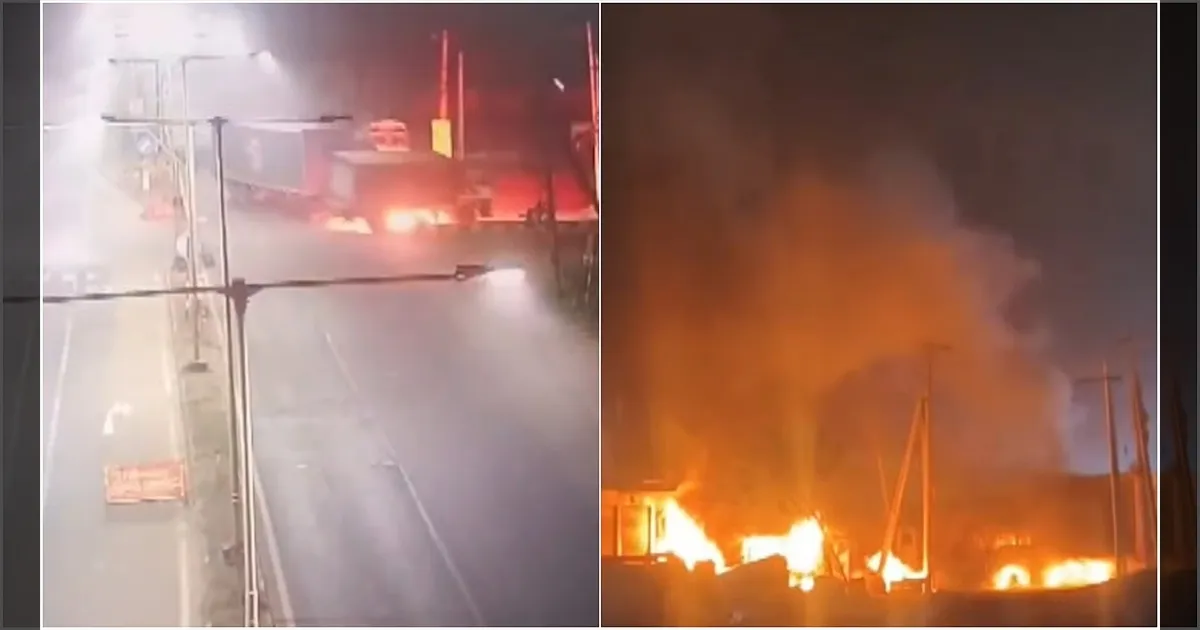 காக்கிநாடா: யூ-டர்ன் போட்டபோது நேர்ந்த விபரீதம்..!! பற்றி எரிந்த லாரிகள்..!! ஓட்டுநர் பலி..!!