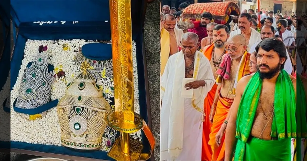 ilaiyaraaja-offers-diamond-studded-crown-gold-ornaments-to-kollur-mookambikai