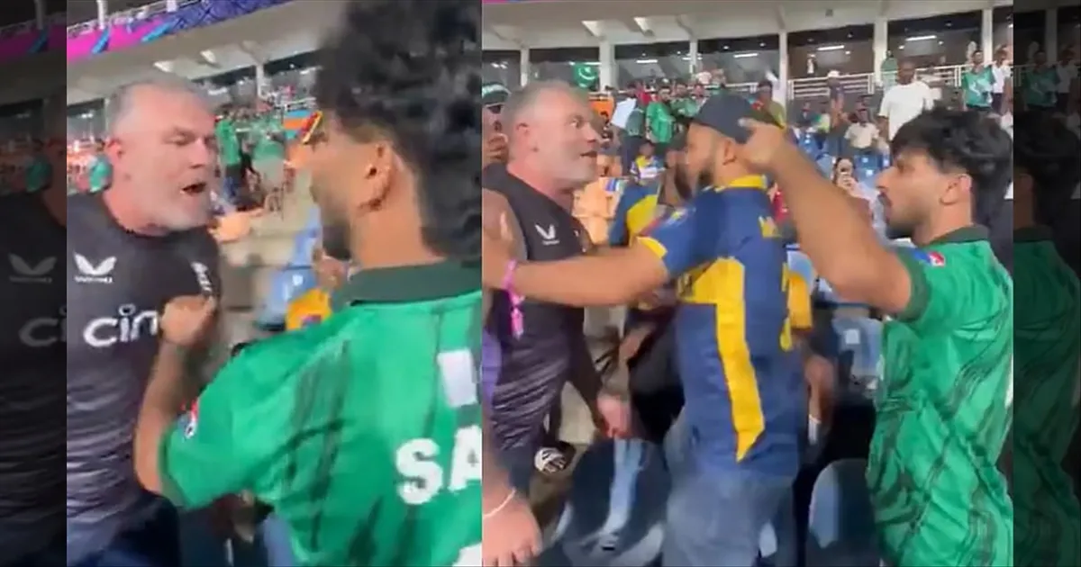 சூடுபிடித்த பாகிஸ்தான்-இங்கிலாந்து போட்டி.. மோதிக்கொண்ட ரசிகர்கள்..!! வைரலாகும் வீடியோ..!! 