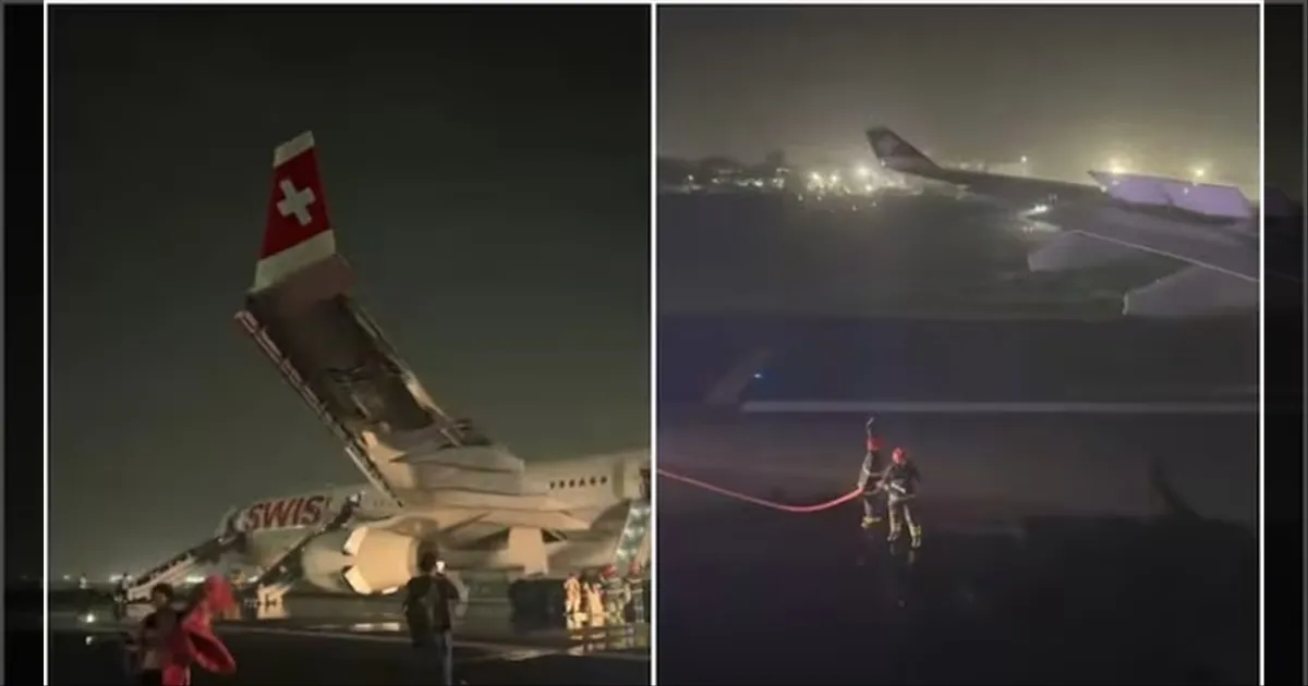 டெல்லி ஏர்போர்ட்டில் பரபரப்பு..!! ஸ்விஸ் ஏர்லைன்ஸ் விமானத்தில் தீ..!! 6 பயணிகள் காயம்..!!