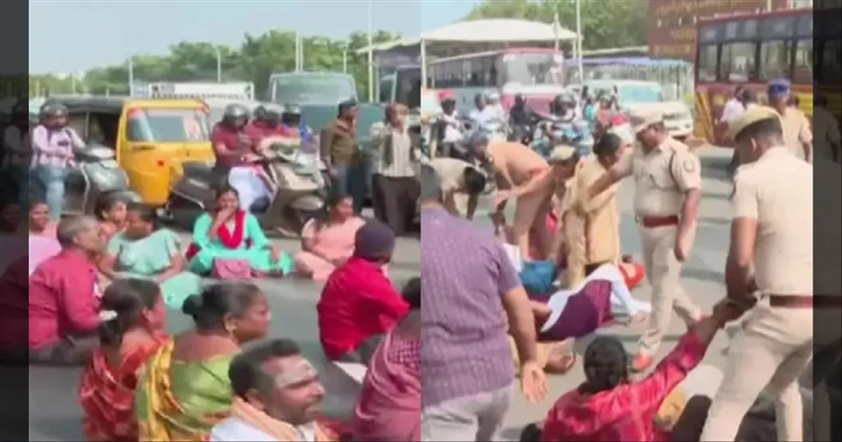 மெரினாவில் பரபரப்பு..!! போராட்டத்தில் குதித்த தூய்மை பணியாளர்கள்..!! குண்டுக்கட்டாக கைது..!!