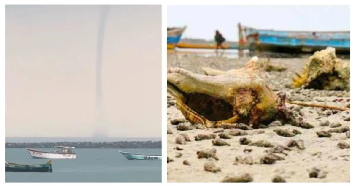 பாம்பனில் அடுத்தடுத்து பகீர்...!! 500 மீட்டருக்கு உள்வாங்கிய கடல்; திடீரென கடல் நீரை உறிஞ்சிய மேகம்...!