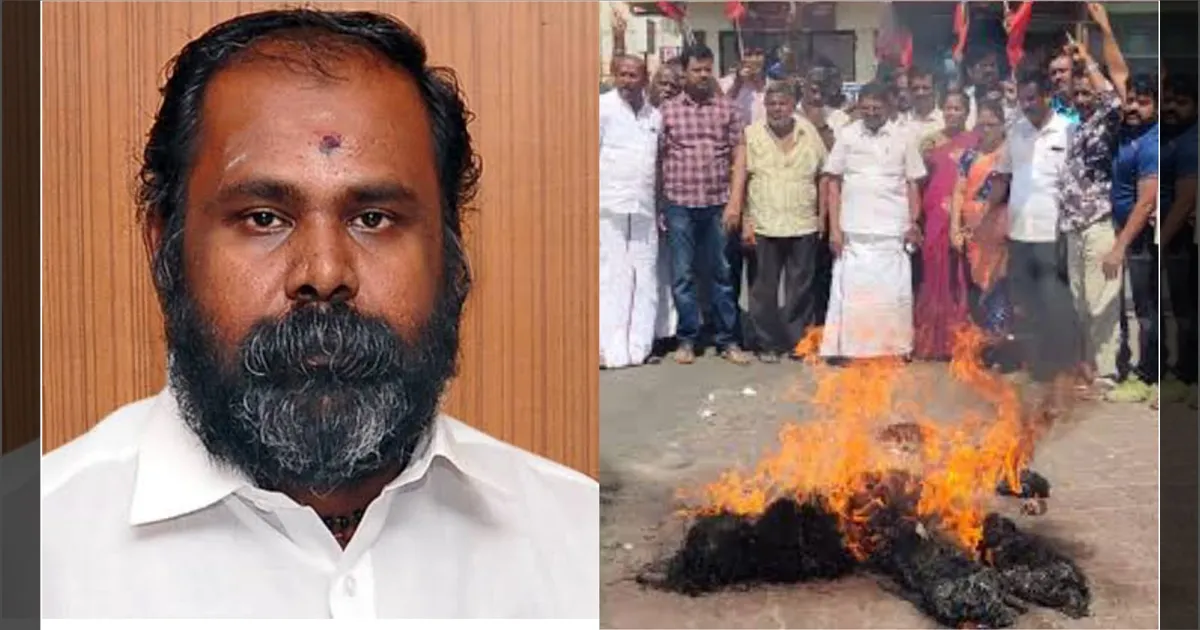 மன்னார்குடியில் ரணகளம்! ஆர்.பி. உதயகுமார் உருவ பொம்மை எரிப்பு.. கொந்தளித்த திமுகவினர்..!