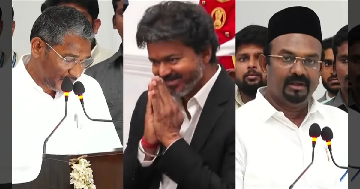 கூட்டணி அரசியல் உச்சம்..! விசிக, IUML அமைச்சர்கள் பதவியேற்பு... சொன்னதை செய்த முதல்வர் விஜய்..!!