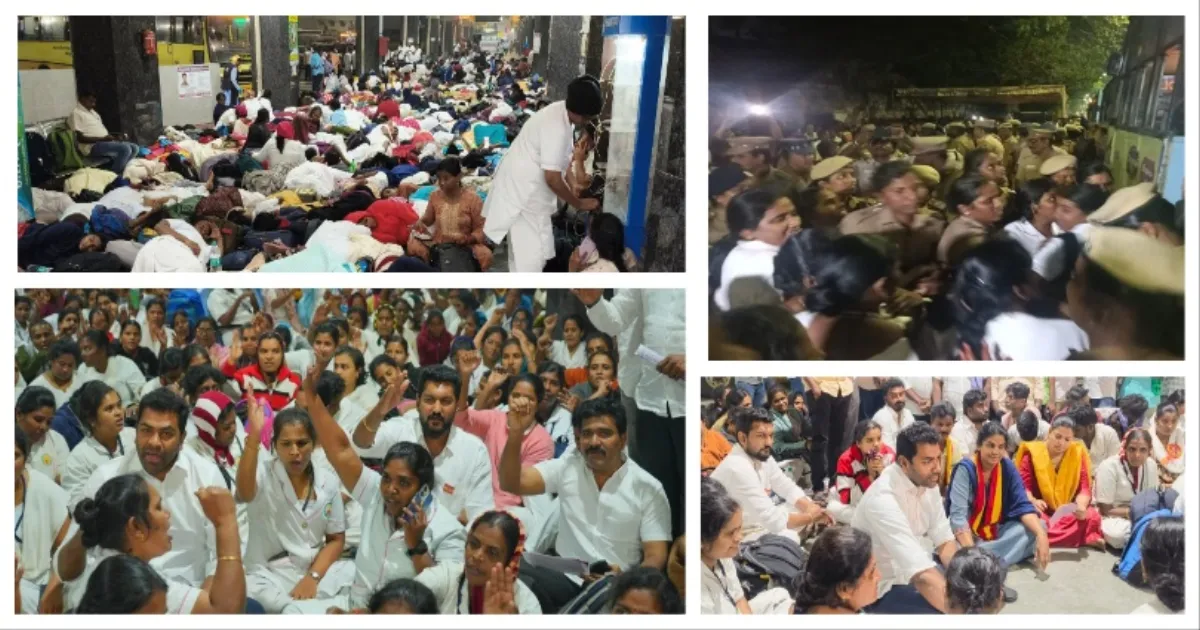 நள்ளிரவில் செவிலியர்கள் போராட்டம்... கிளம்பாக்கத்திற்கு ஓடோடி வந்த ஆதவ் அர்ஜூனா, நிர்மல் குமார்... மின்சாரத்தை துண்டித்து கைது...! 