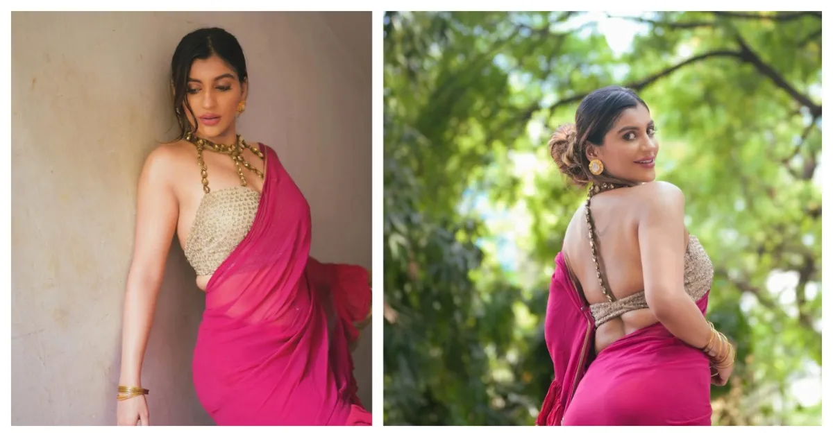 Actress Yashika Aannand pink saree hot photos 