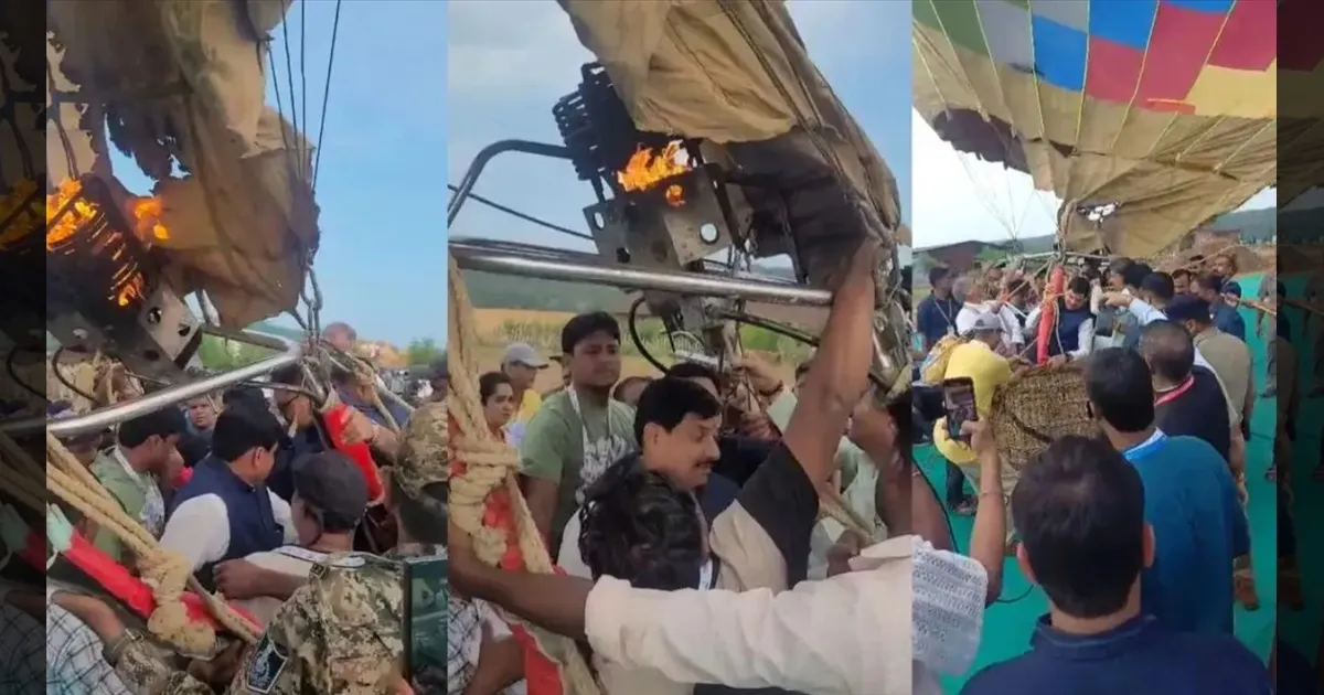 ராட்சத பலூனில் பற்றிய நெருப்பு!! அலறிய மக்கள்! நூலிழையில் உயிர் தப்பிய ம.பி முதல்வர்!!