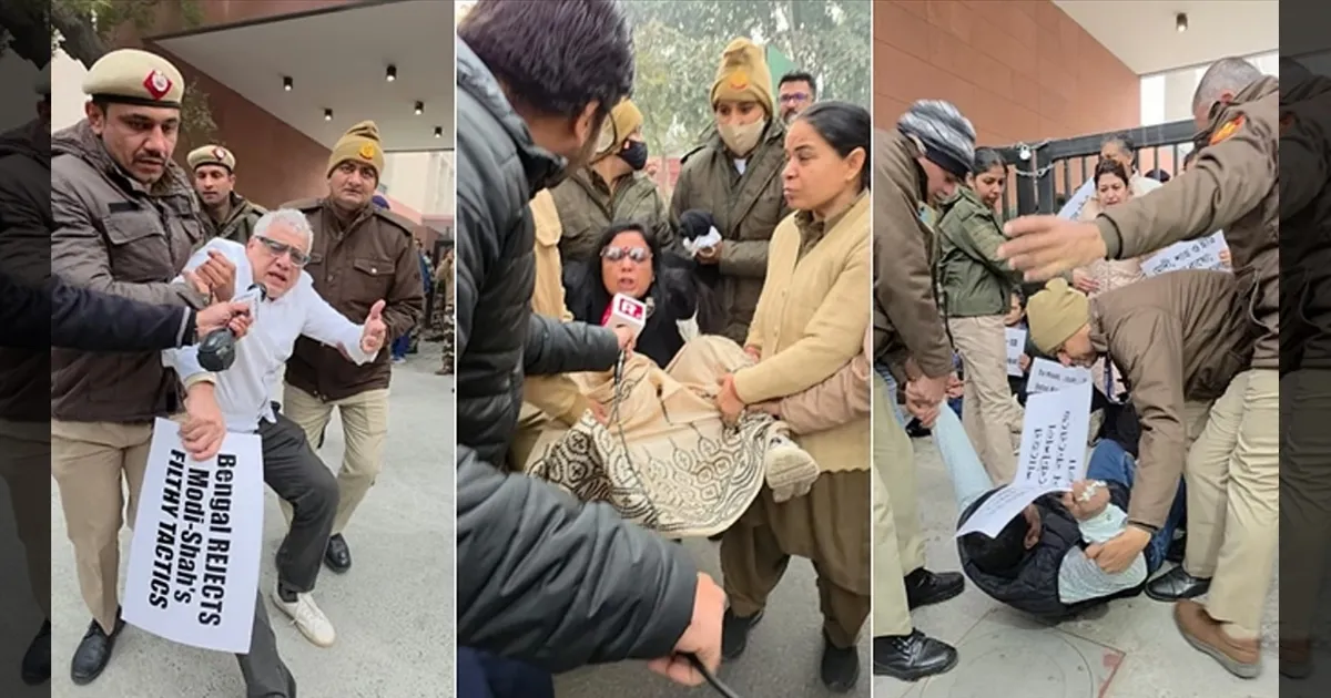 அமலாக்கத்துறை சோதனைக்கு எதிர்ப்பு!! அமித் ஷா வீட்டு முன் போராடிய எம்.பிக்கள்! குண்டுகட்டாக கைது!!