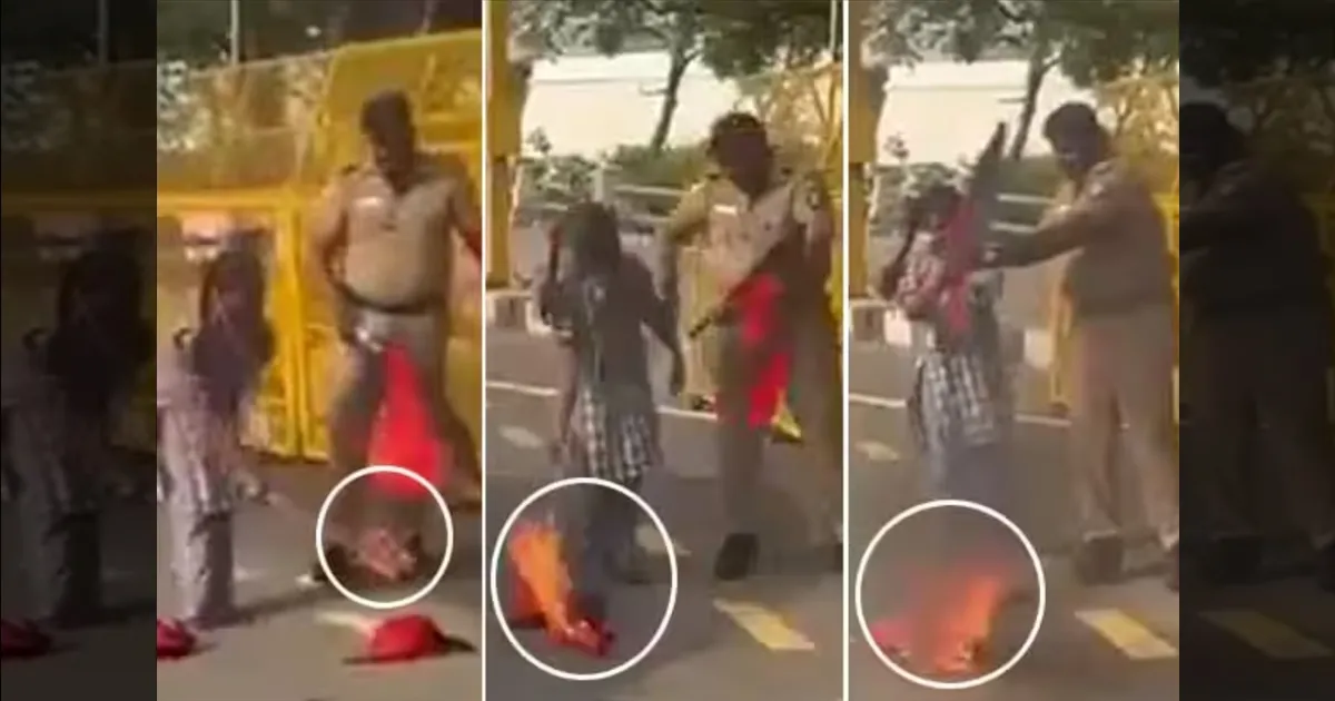 திமுக கொடி தீ வைத்து எரிப்பு! தலைமை செயலகம் முன் பகீர்!! போலீஸ் ஏட்டு அதிரடி கைது!