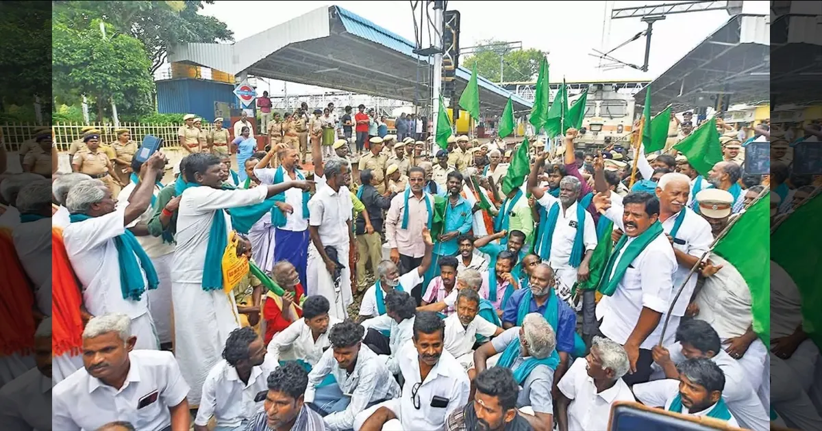 "TN Farmers Block Cholan Express in Thanjavur! 'No Mekedatu Dam' Rail Roko – 100 Arrested as Cauvery Fury Erupts!"
