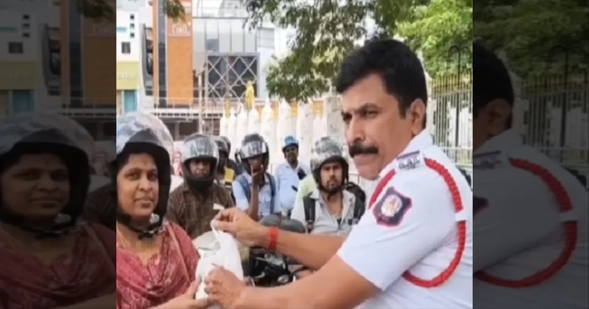 அடடே! ஹெல்மெட் போட்டா ஒரு கிலோ ஆப்பிள்... நூதன முறையில் டிராபிக் போலீஸ் விழிப்புணர்வு...!